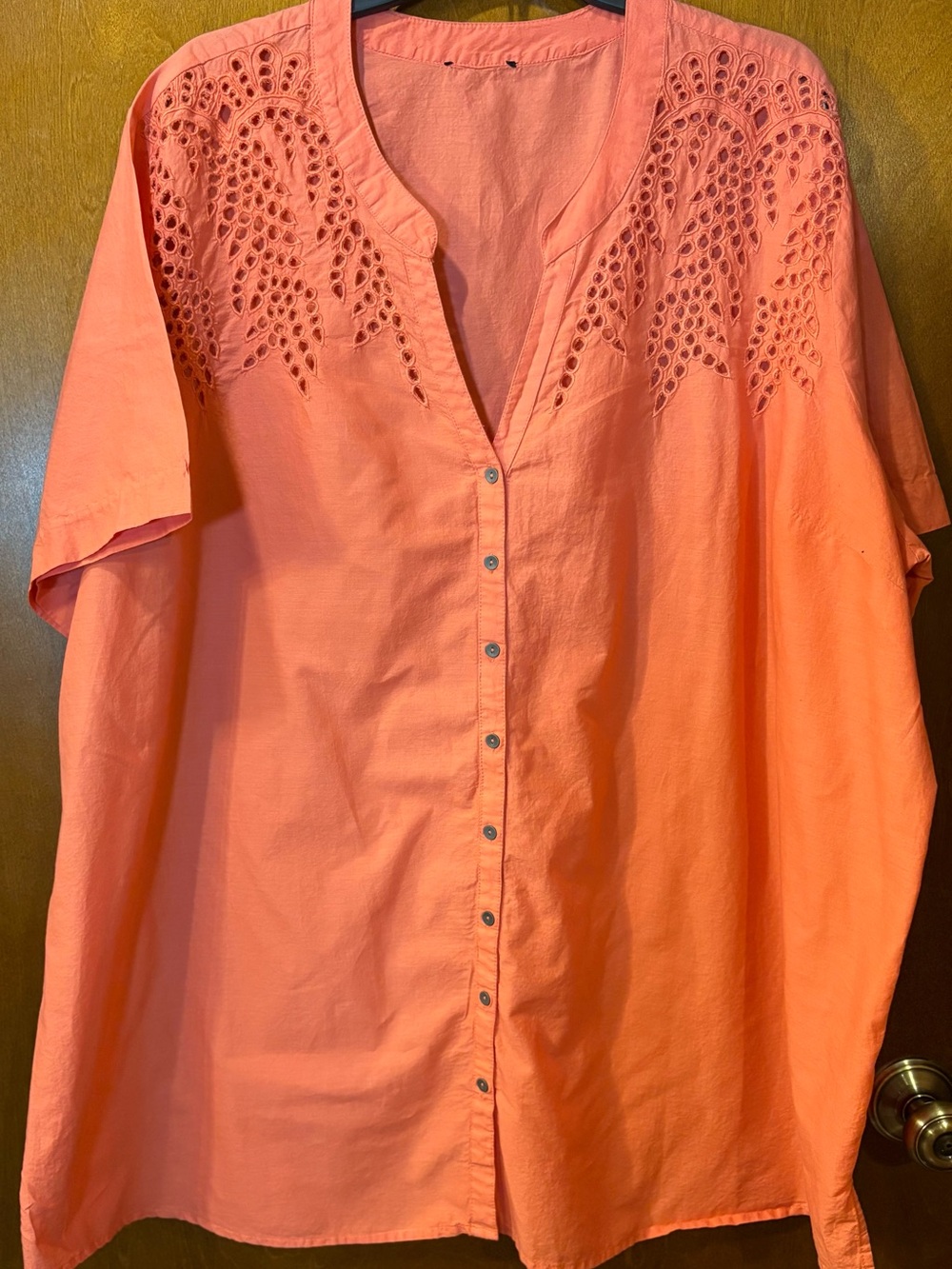 Coral Button-Front Women's Eyelet Yoke Shirt